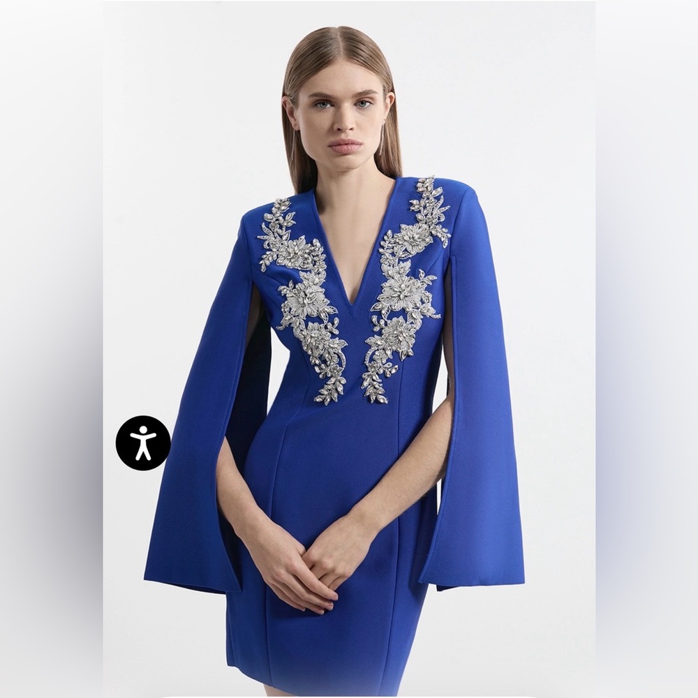 Bandage Form Fitting Cape Sleeve Embellished Mini Dress